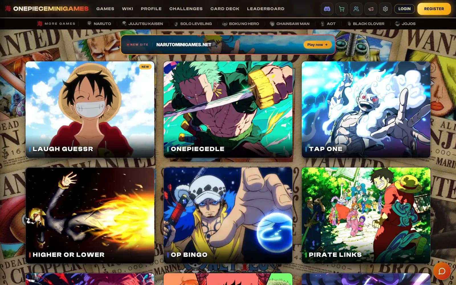 Captura de escritorio de onepieceminigames.com: cuadrícula de minijuegos con navegación superior, perfil y ranking