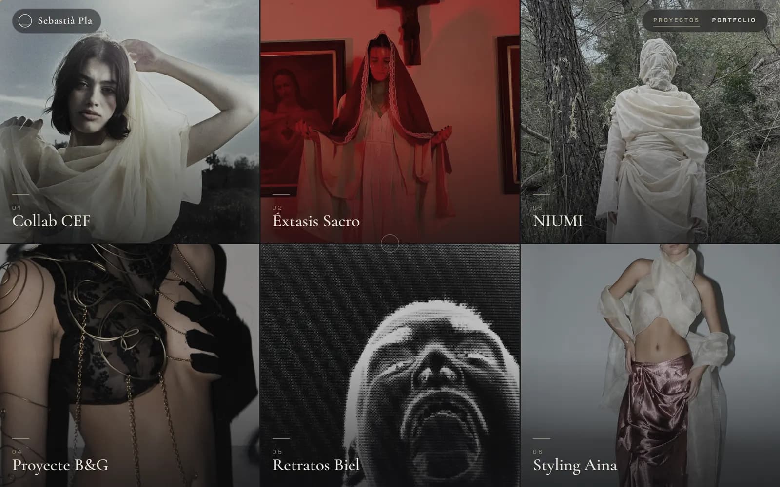 Captura de escritorio del portfolio de moda de Sebastià Pla: cuadrícula de seis series editoriales a pantalla completa