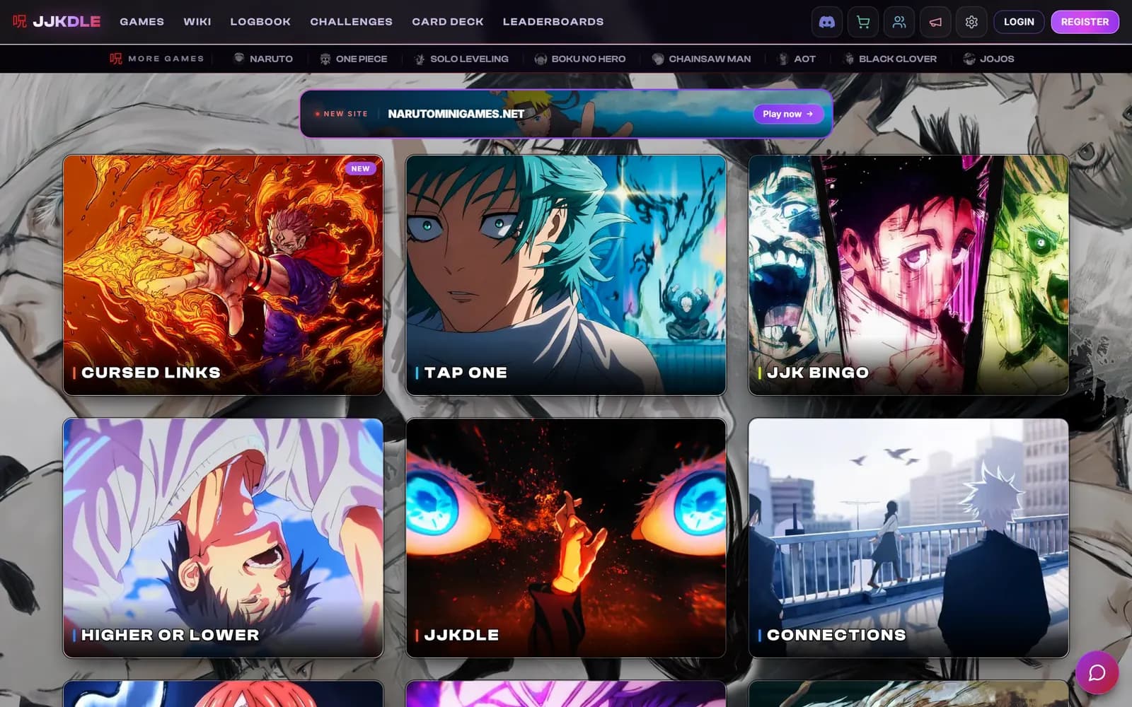 Captura de escritorio de jjkdle.net: cuadrícula de minijuegos de Jujutsu Kaisen con navegación superior, retos y ranking