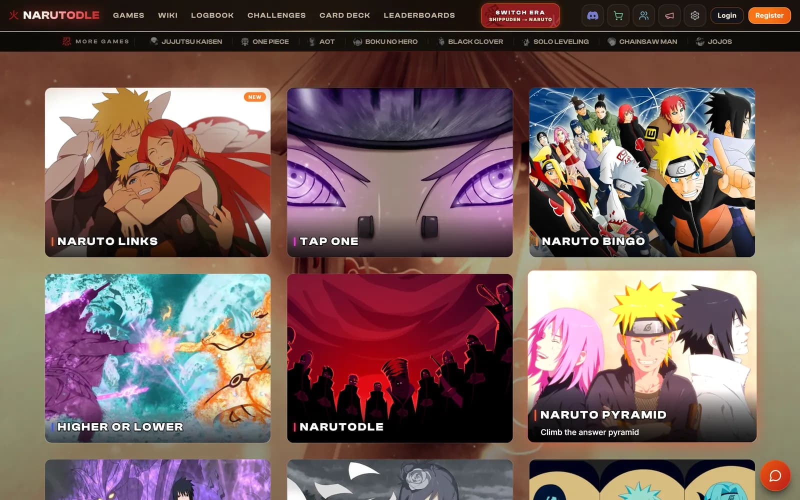 Captura de escritorio de narutominigames.net: portada con la cuadrícula de minijuegos, navegación superior y selector de era